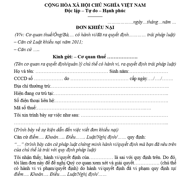 mẫu đơn khiếu nại thuế