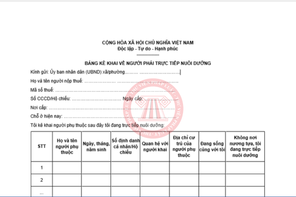 Mẫu bảng kê khai về người phải trực tiếp nuôi dưỡng mới nhất 2026