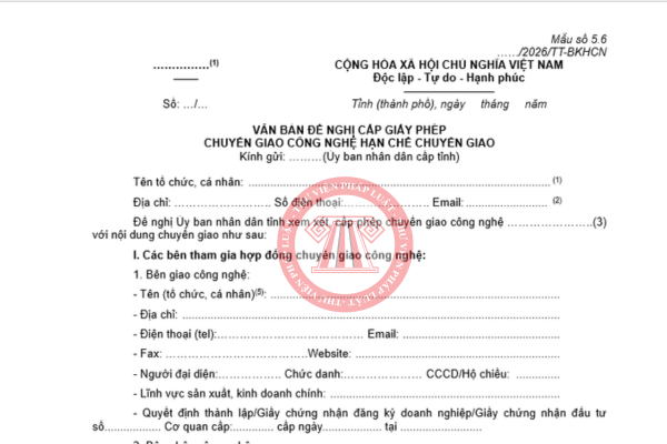 Văn bản đề nghị cấp Giấy phép chuyển giao công nghệ hạn chế chuyển giao từ 01/4/2026