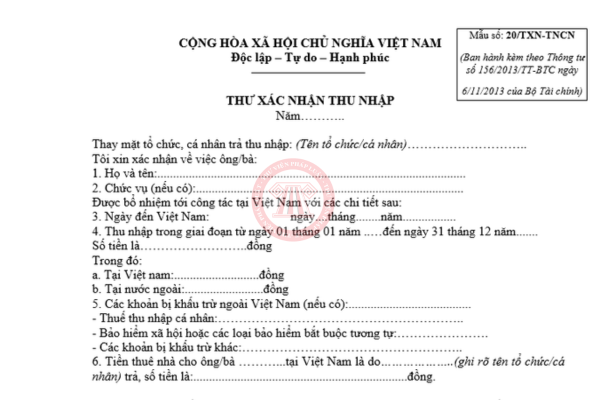 mẫu thư xác nhận thu nhập