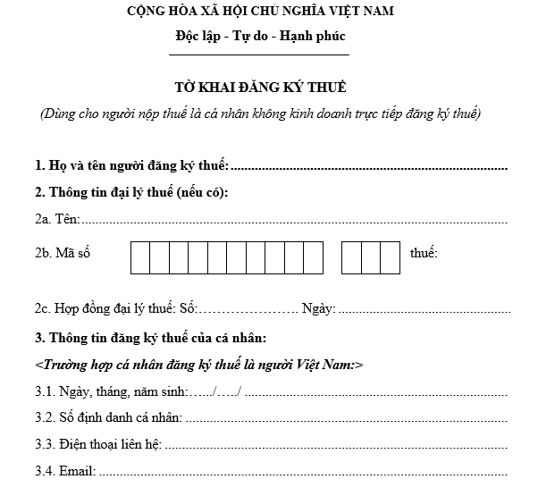 mẫu tự đăng ký thuế