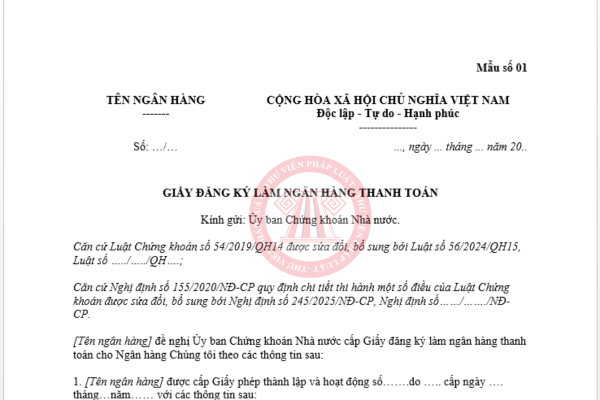 Mẫu giấy đăng ký làm ngân hàng thanh toán từ 15/4/2026
