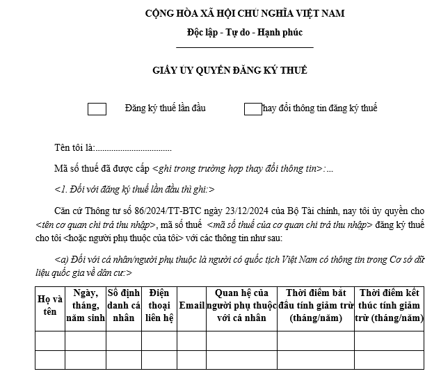 mẫu ủy quyền đăng ký thuế