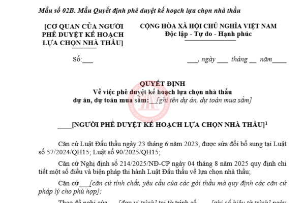 Mẫu lập, phê duyệt kế hoạch lựa chọn nhà thầu năm 2026