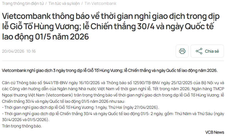 lịch nghỉ lễ vietcombank 2026
