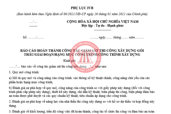 Tải mẫu báo cáo hoàn thành công tác giám sát thi công xây dựng mới nhất 2026
