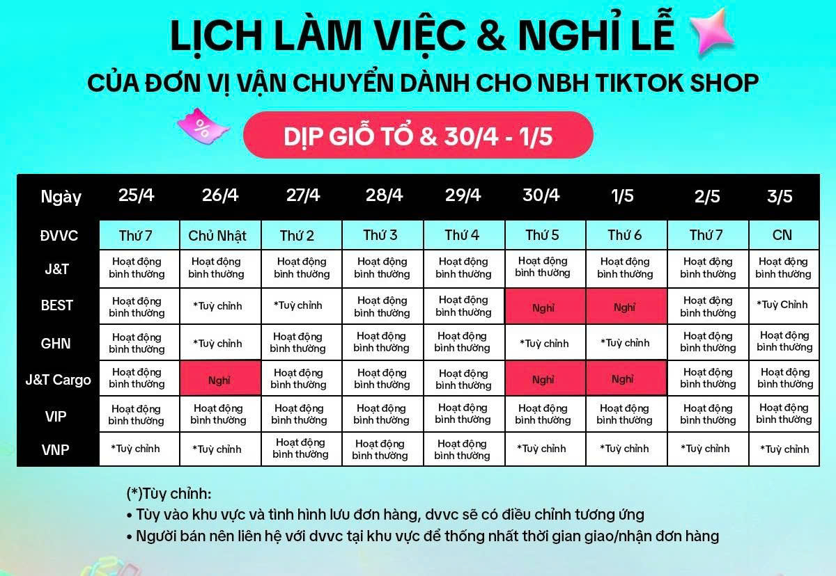 lịch nghỉ lễ 30 4 1 5 TIK TOK SHOP