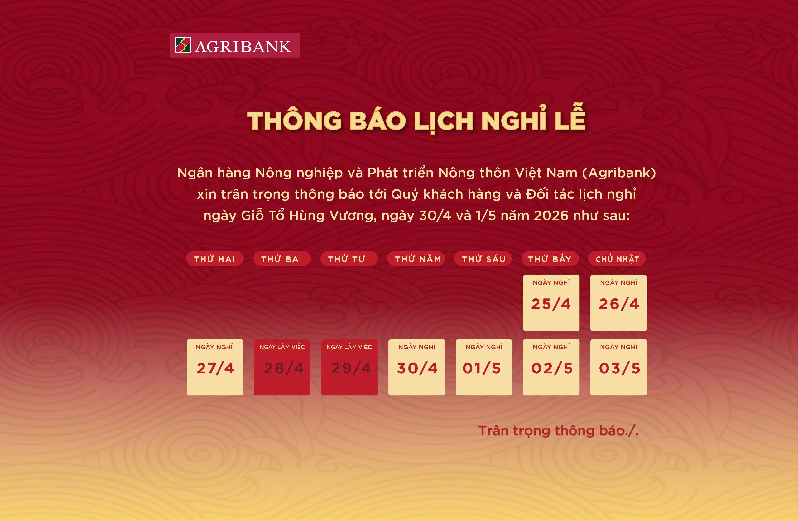 lịch nghỉ lễ 30 4 1 5 ngân hàng agribank