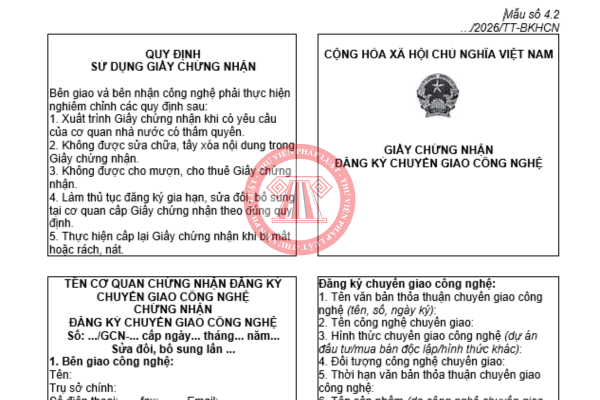 Mẫu Giấy chứng nhận đăng ký chuyển giao công nghệ 2026