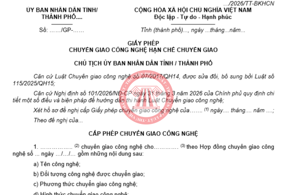 Mẫu Giấy phép chuyển giao công nghệ hạn chế chuyển giao 2026