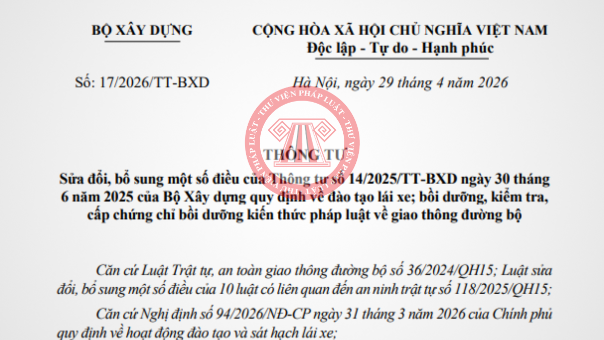 Tải về Thông tư 17/2026/TT-BXD sửa Thông tư 14/2025