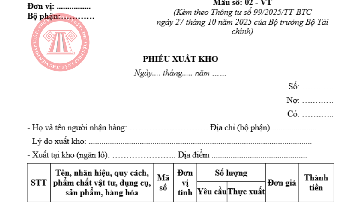Tải về mẫu phiếu xuất kho mới nhất 2026