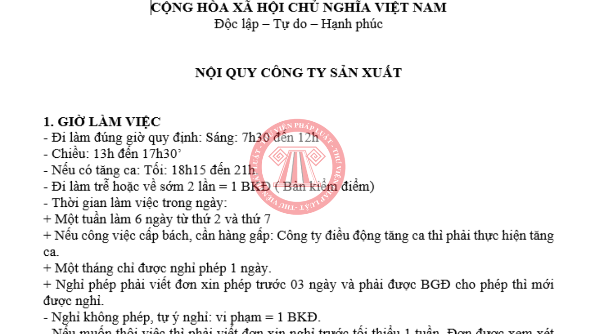 Tải mẫu nội quy công ty sản xuất mới nhất 2026