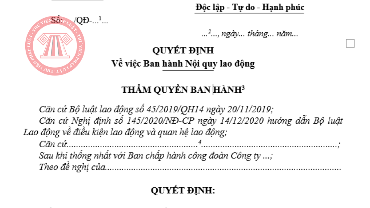Tải mẫu Quyết định ban hành nội quy lao động 2026 thông dụng nhất