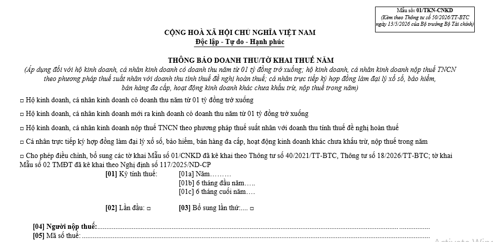 thông báo doanh thu dưới 1 tỷ