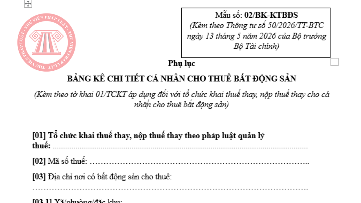Tải mẫu 02/BK-KTBĐS mới nhất 2026 theo Thông tư 50/2026/TT-BTC