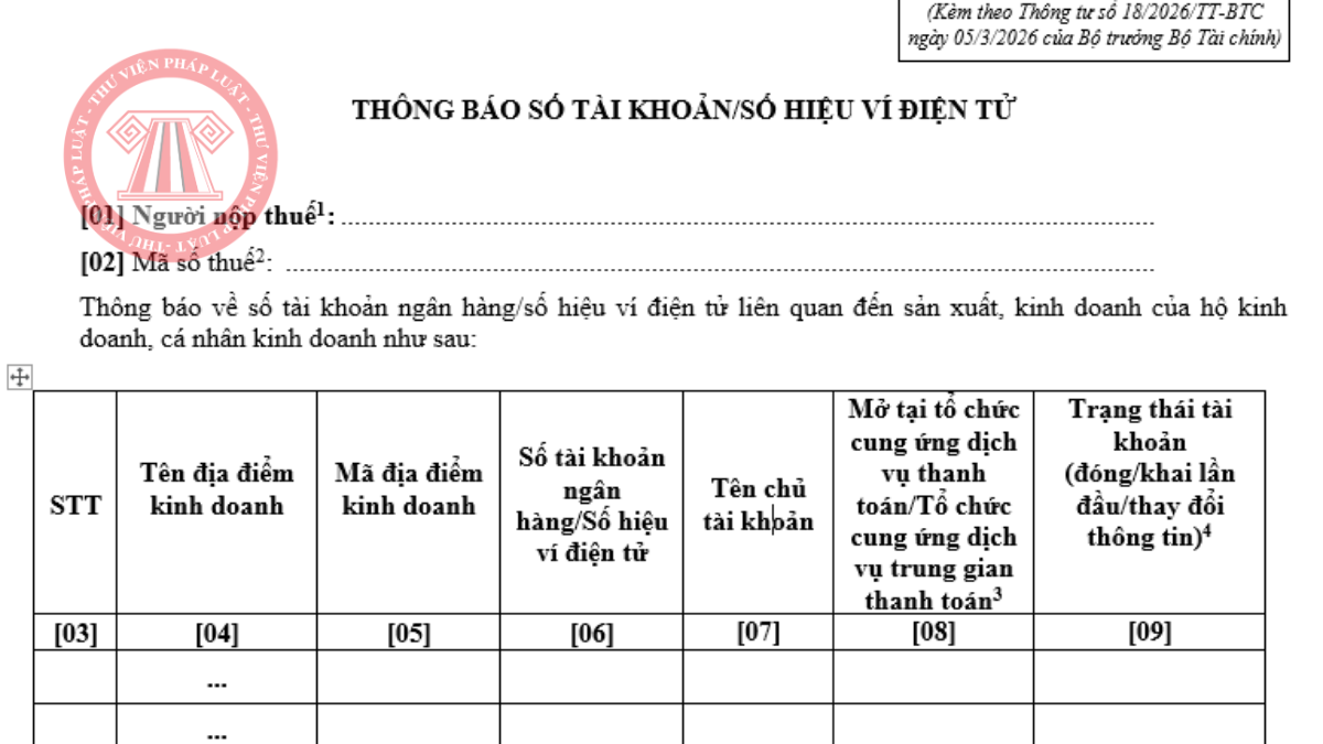 Tải mẫu thông báo số tài khoản hộ kinh doanh 2026 và hướng dẫn cách điền