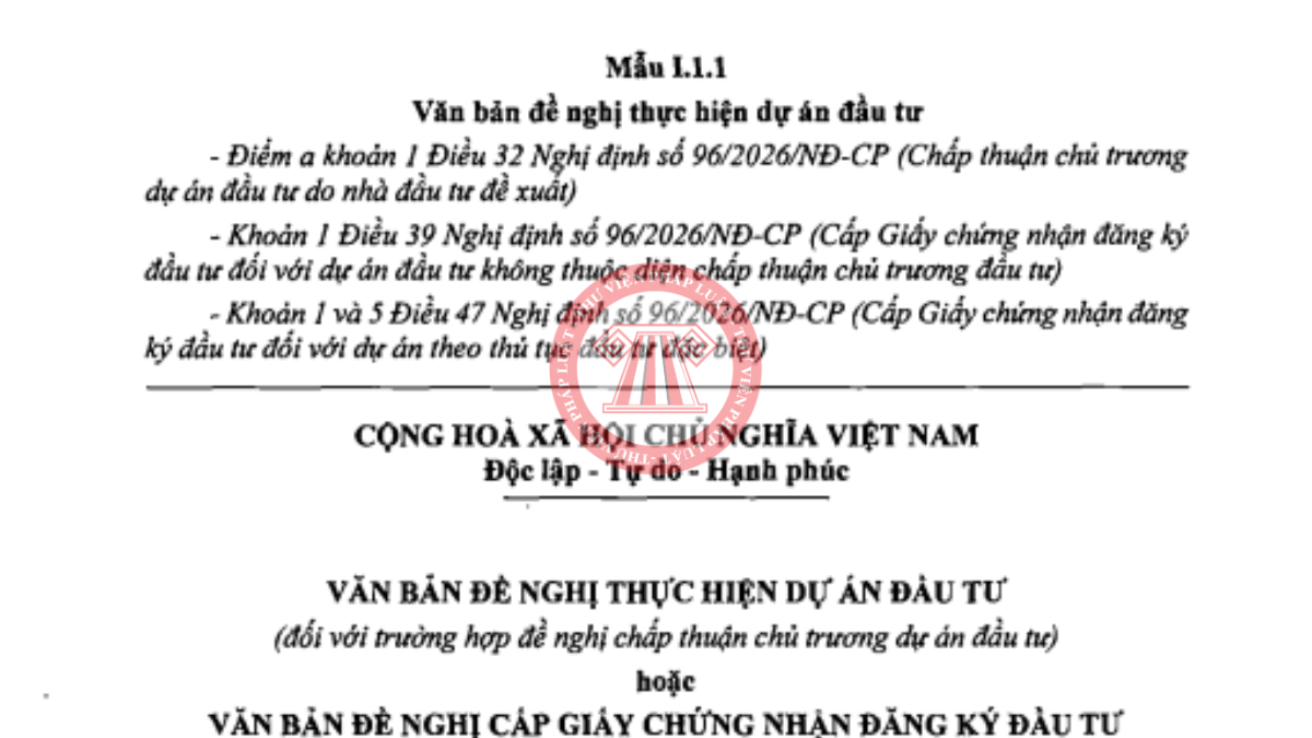 Mẫu văn bản đề nghị thực hiện dự án đầu tư áp dụng từ 15/05/2026