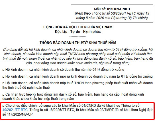 điều chỉnh tờ khai 01/cnkd
