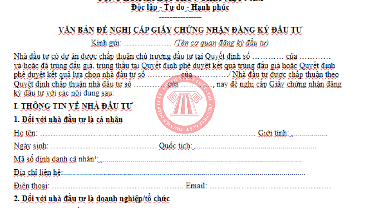 Mẫu văn bản đề nghị cấp Giấy chứng nhận đăng ký đầu tư mới nhất 2026