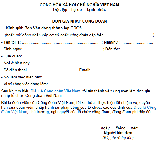 đơn xin gia nhập công đoàn 2026