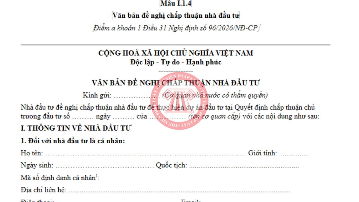 Mẫu I.1.4 theo Thông tư 55/2026/TT-BTC - Văn bản đề nghị chấp thuận nhà đầu tư 2026