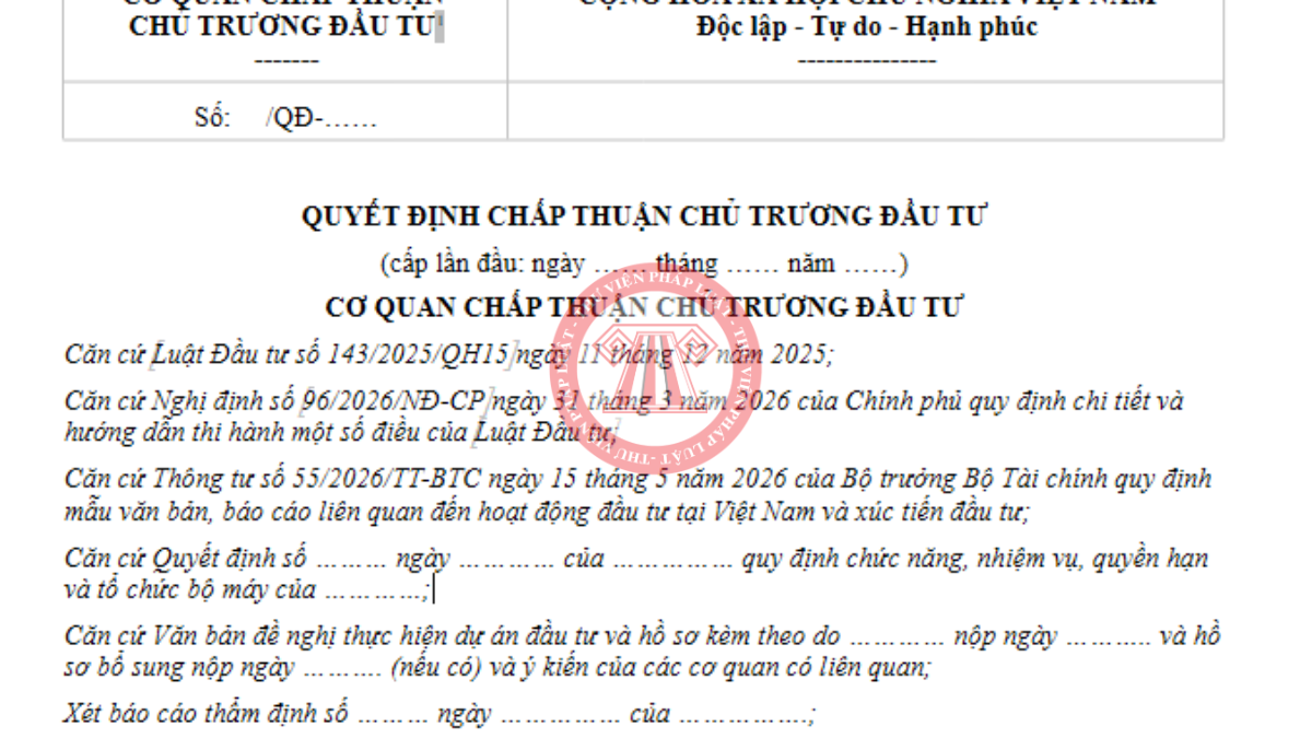 Mẫu Quyết định chấp thuận chủ trương đầu tư mới nhất 2026