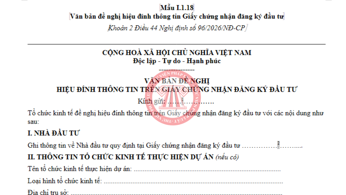 Mẫu văn bản đề nghị hiệu đính thông tin Giấy chứng nhận đăng ký đầu tư 2026