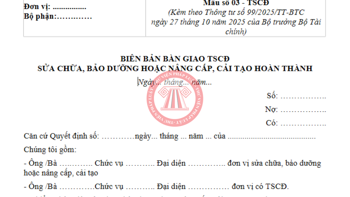 Mẫu biên bản bàn giao tài sản cố định mới nhất 2026