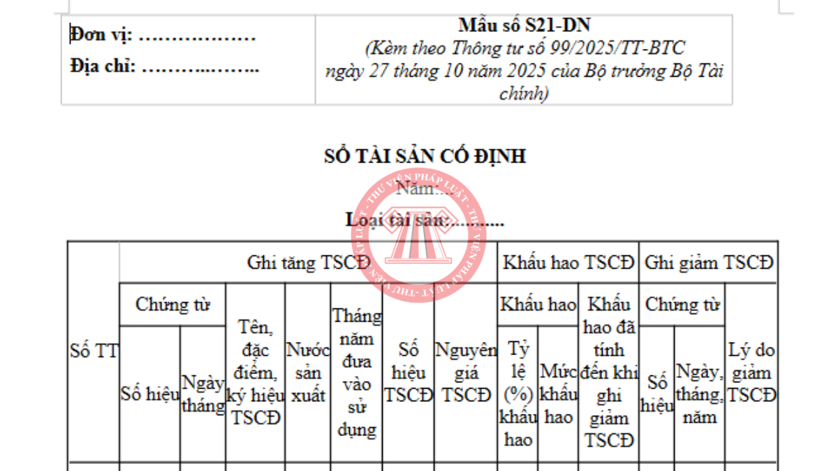 Tải về Mẫu số S21-DN Mẫu sổ tài sản cố định theo Thông tư 99/2025/TT-BTC