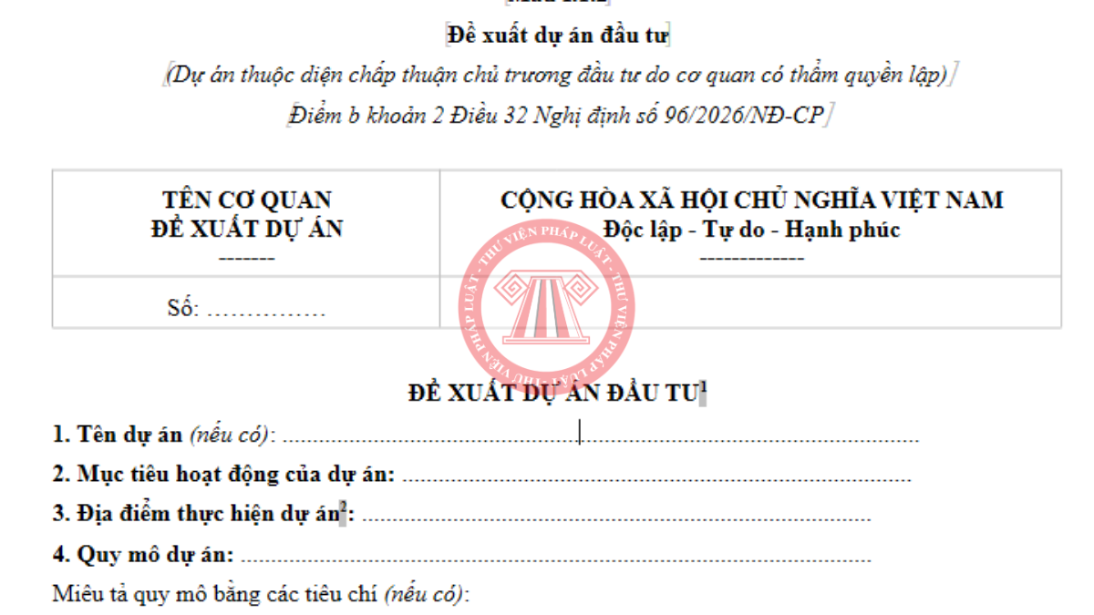 Tải Mẫu I.1.2 theo Thông tư 55/2026/TT-BTC - mẫu đề xuất dự án đầu tư do cơ quan lập