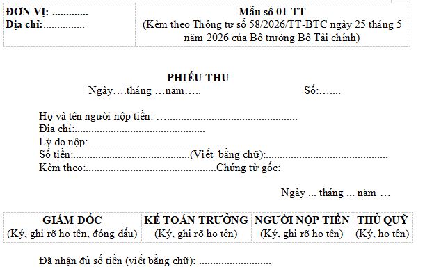 mẫu phiếu thu 2026 doanh nghiệp siêu nhỏ