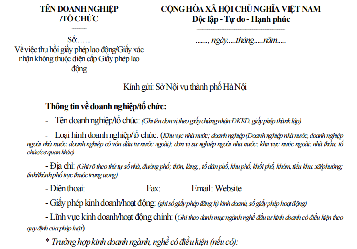 mẫu thu hồi giấy phép lao động gửi sở nội vụ