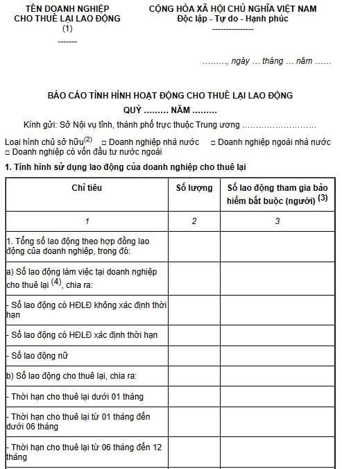 mẫu báo cáo tình hình cho thuê lại lao động