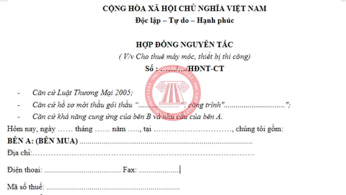 Tải mẫu hợp đồng nguyên tắc thuê máy móc thiết bị mới nhất 2026