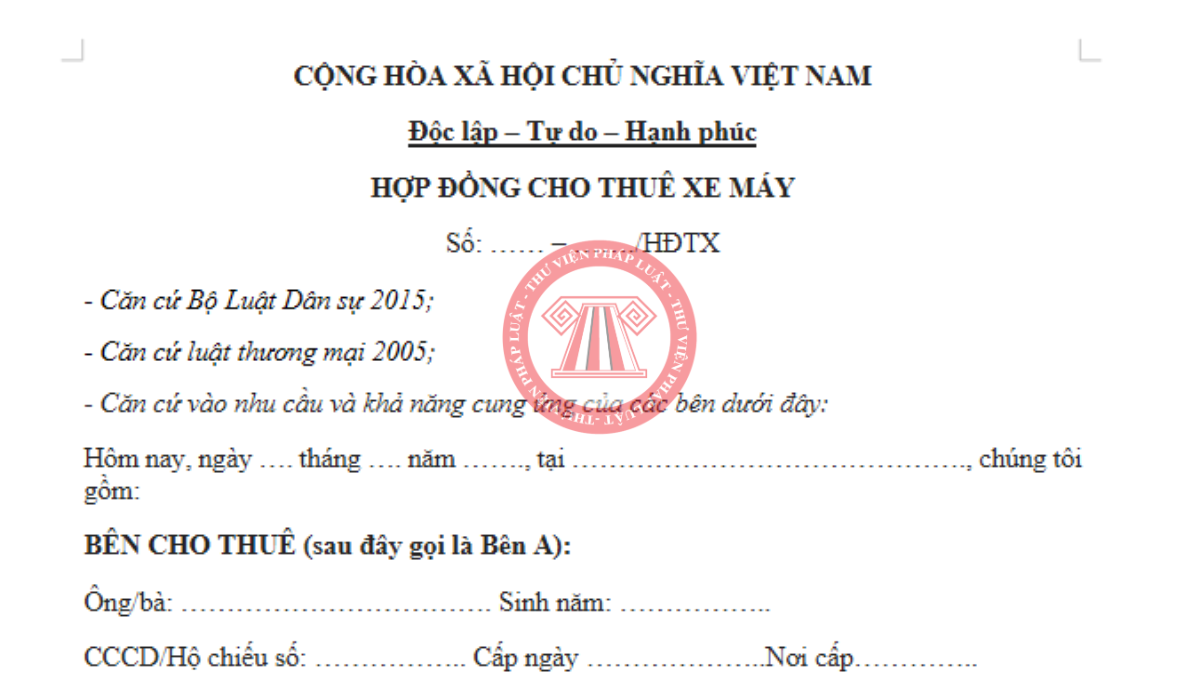Tải mẫu hợp đồng thuê xe máy đơn giản 2026
