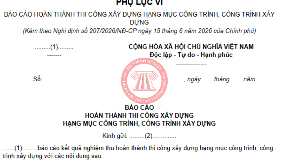 Mẫu báo cáo hoàn thành công trình mới nhất theo Nghị định 207/2026/NĐ-CP
