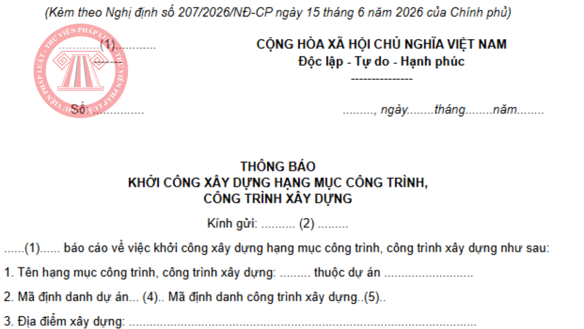 Mẫu thông báo khởi công xây dựng nhà ở riêng lẻ mới nhất 2026 theo Nghị định 207