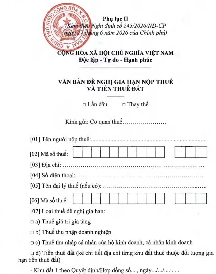 đơn đề nghị gia hạn nộp thuế