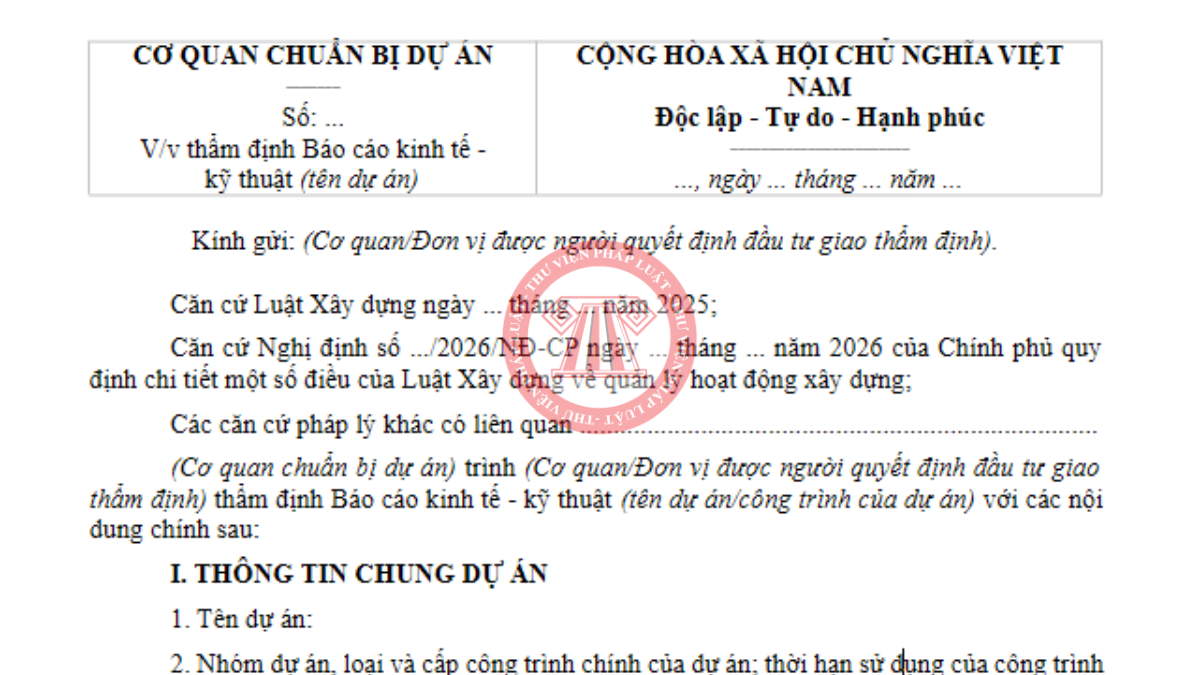 Mẫu đề nghị thẩm định báo cáo kinh tế kỹ thuật 2026