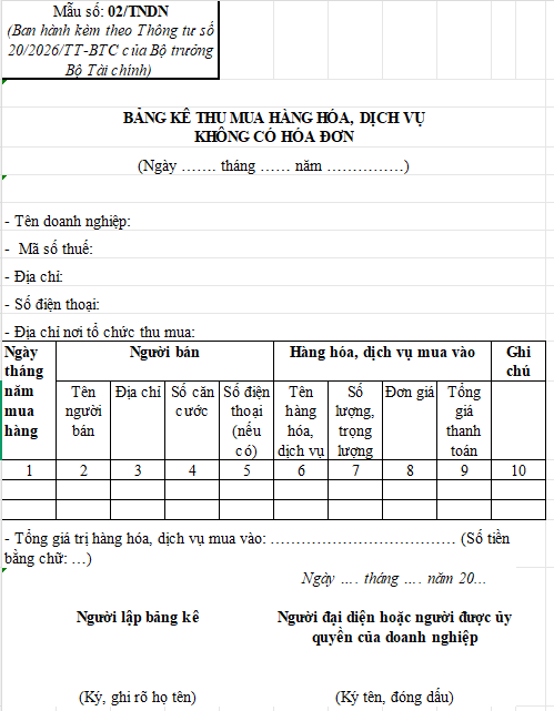 file excel mẫu 02/tndn mới nhất 2026