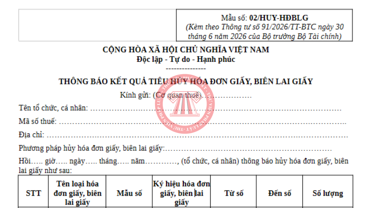 Mẫu thông báo kết quả hủy hóa đơn giấy từ 01/7/2026