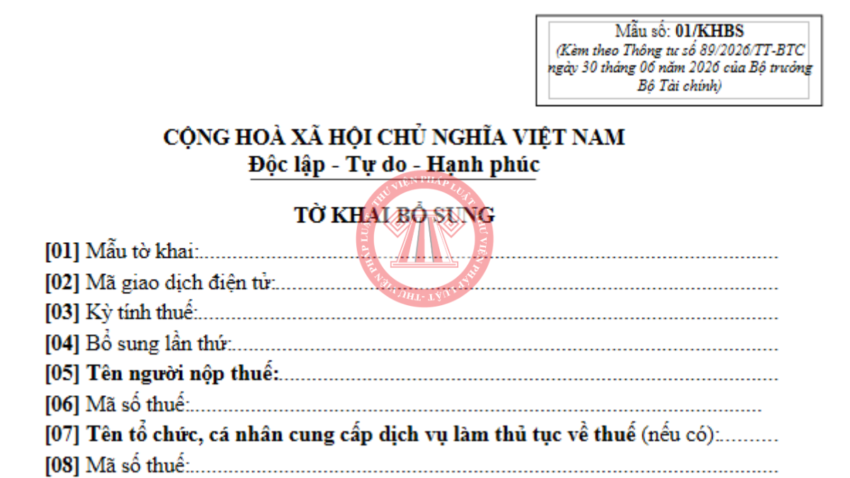 File word mẫu tờ khai bổ sung 2026 Mẫu 01/KHBS Thông tư 89/2026/TT-BTC