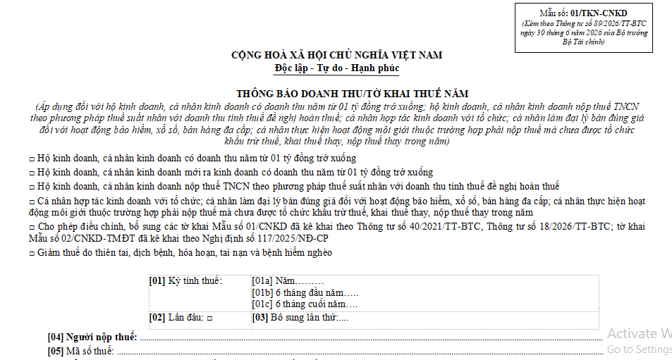 mẫu khai thuế hkd dưới 1 tỷ