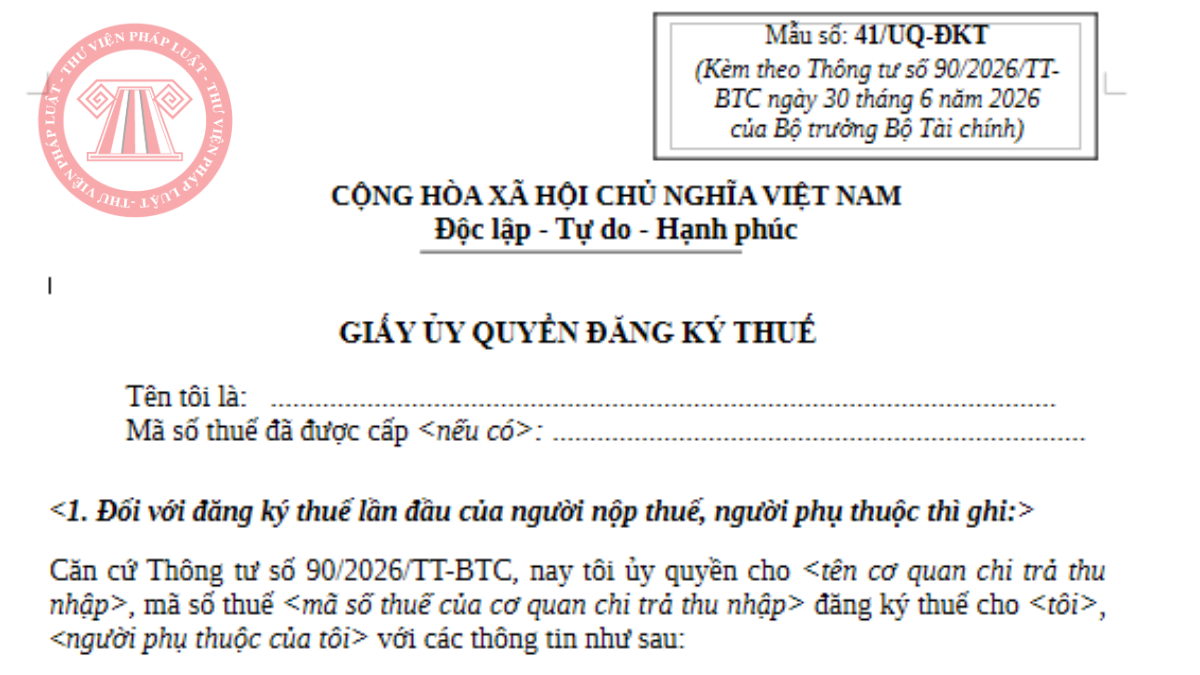 Mẫu ủy quyền đăng ký người phụ thuộc từ 01/7/2026 theo Thông tư 90
