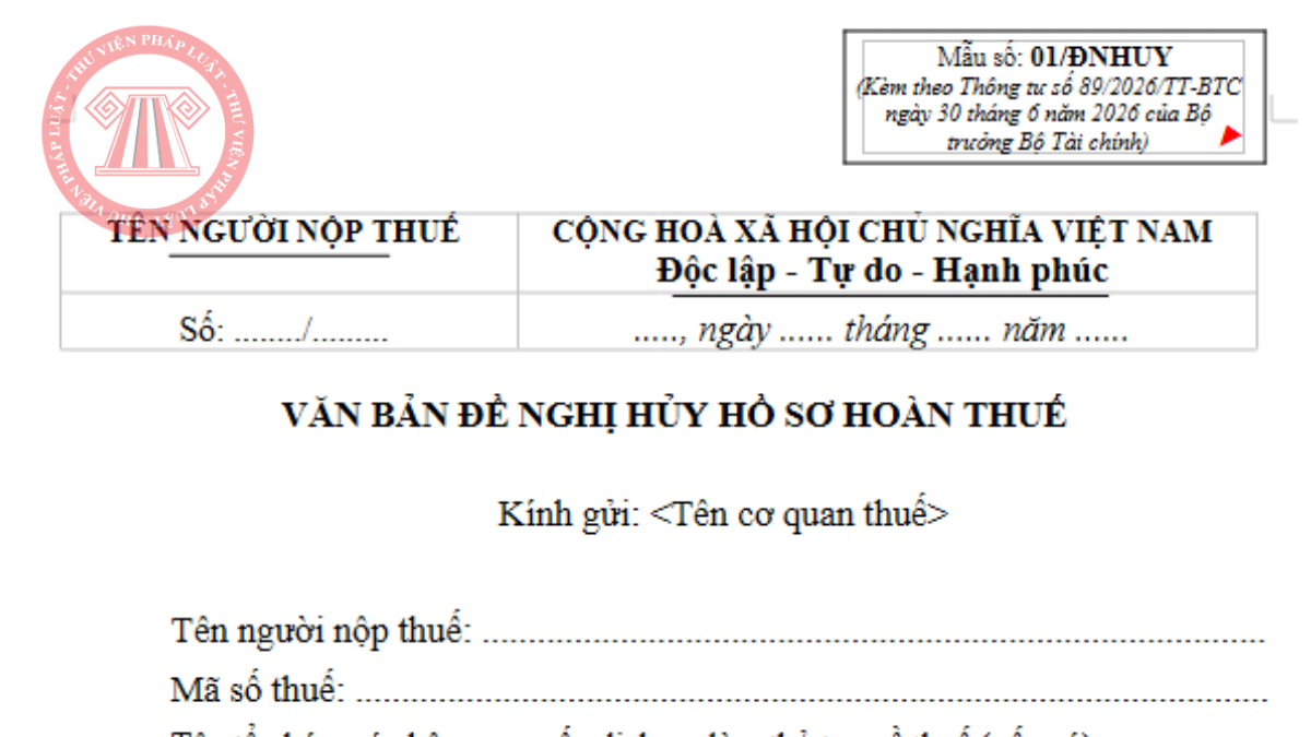 Tải file word Mẫu 01/ĐNHUY Thông tư 89/2026/TT-BTC