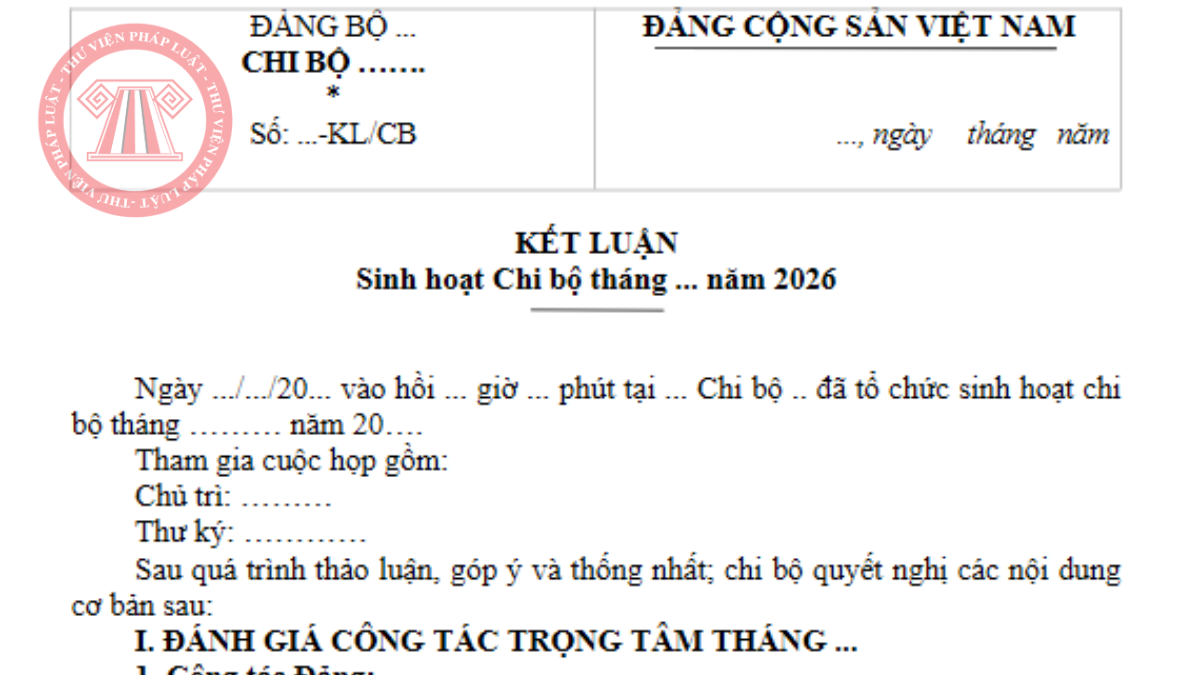 Tải về mẫu kết luận sinh hoạt chi bộ thường kỳ tháng 9/2026