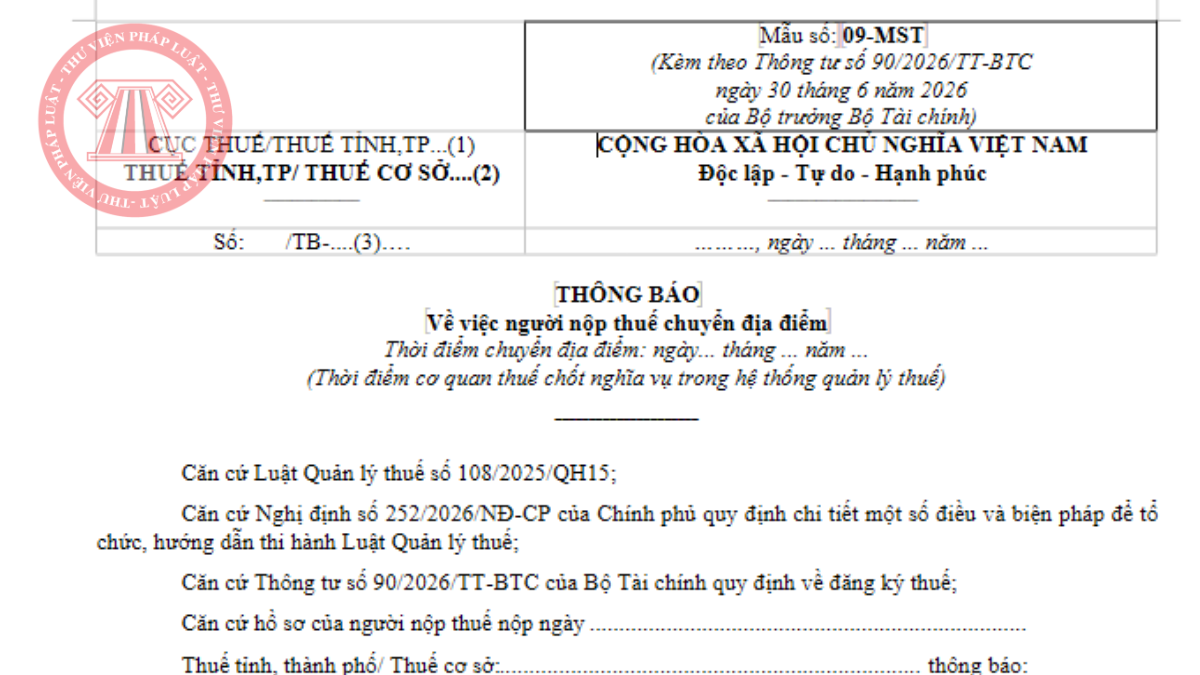File word mẫu 09-MST Thông tư 90/2026/TT-BTC từ 01/7/2026 ra sao?