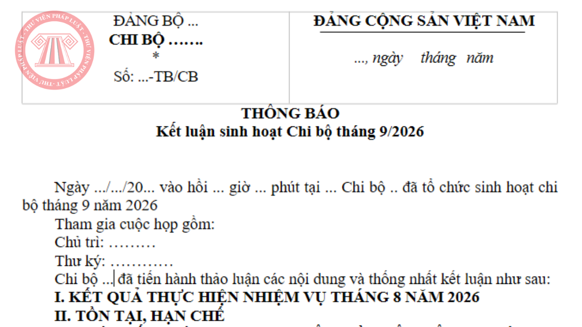 Tải mẫu thông báo kết luận cuộc họp chi bộ thường kỳ tháng 9/2026