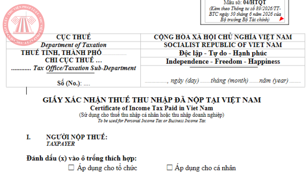 Tải mẫu giấy xác nhận thuế thu nhập đã nộp tại Việt Nam mới nhất 2026